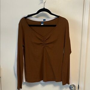Old Navy Brown Ruched V-Neck Long Sleeve Top